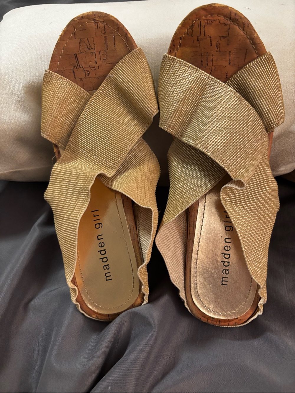 Madden Girl Tan Elastic Crossover Slide Sandals